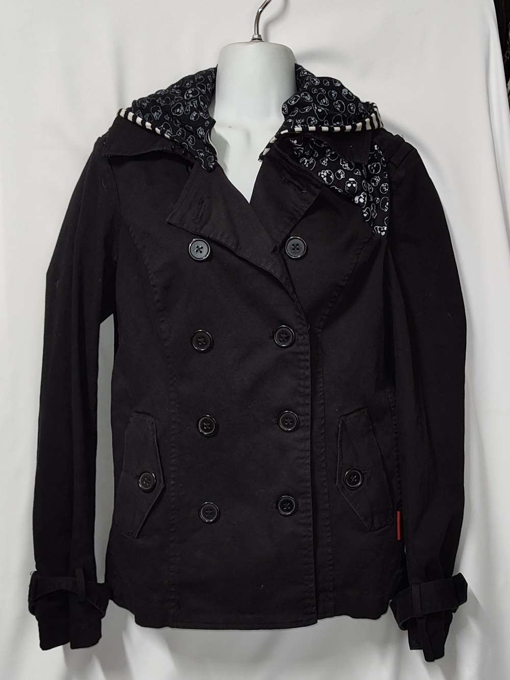 Tripp NYC Black Double-Breasted Pea Coat with Skull-Print Hood Vintage